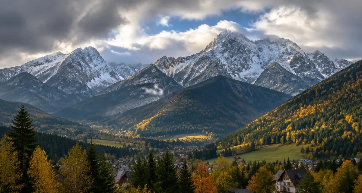 Tatry wczesną jesienią: świeży śnieg na szczytach powyżej 1800 m, w dolinach złota polska jesień