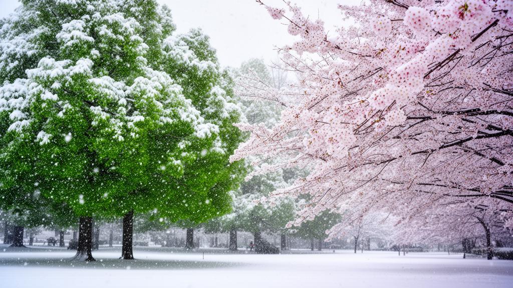 Dramatic contrast of blooming flowers covered in sudden spring snow during a seasonal anomaly in Poland