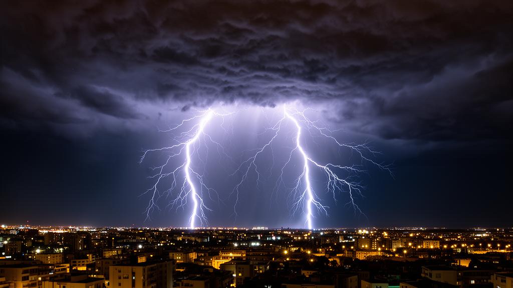 Potężne wyładowanie atmosferyczne uderzające w pole w nocy, oświetlające chmury Cumulonimbus