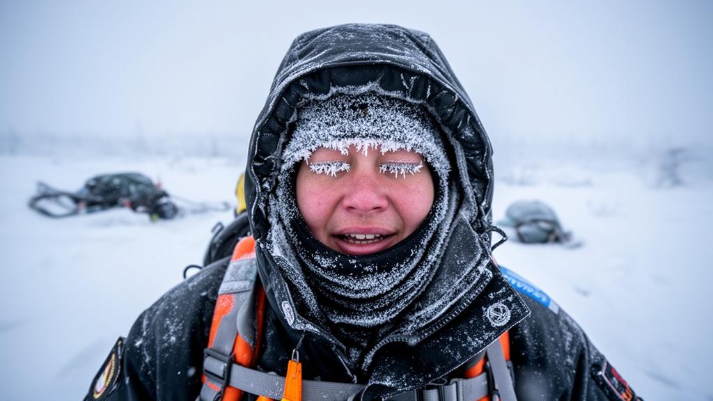 Skafander polarny pokryty grubą warstwą szronu i lodu na tle arktycznej nocy i stacji badawczej