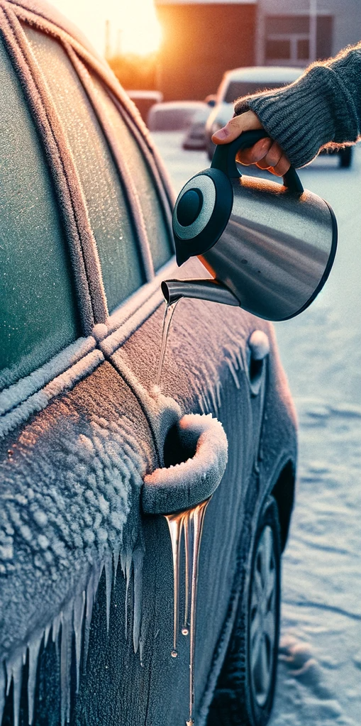 polewanie zamarzniętych drzwi ciepłą wodą polewanie zamarzniętych drzwi ciepłą wodą